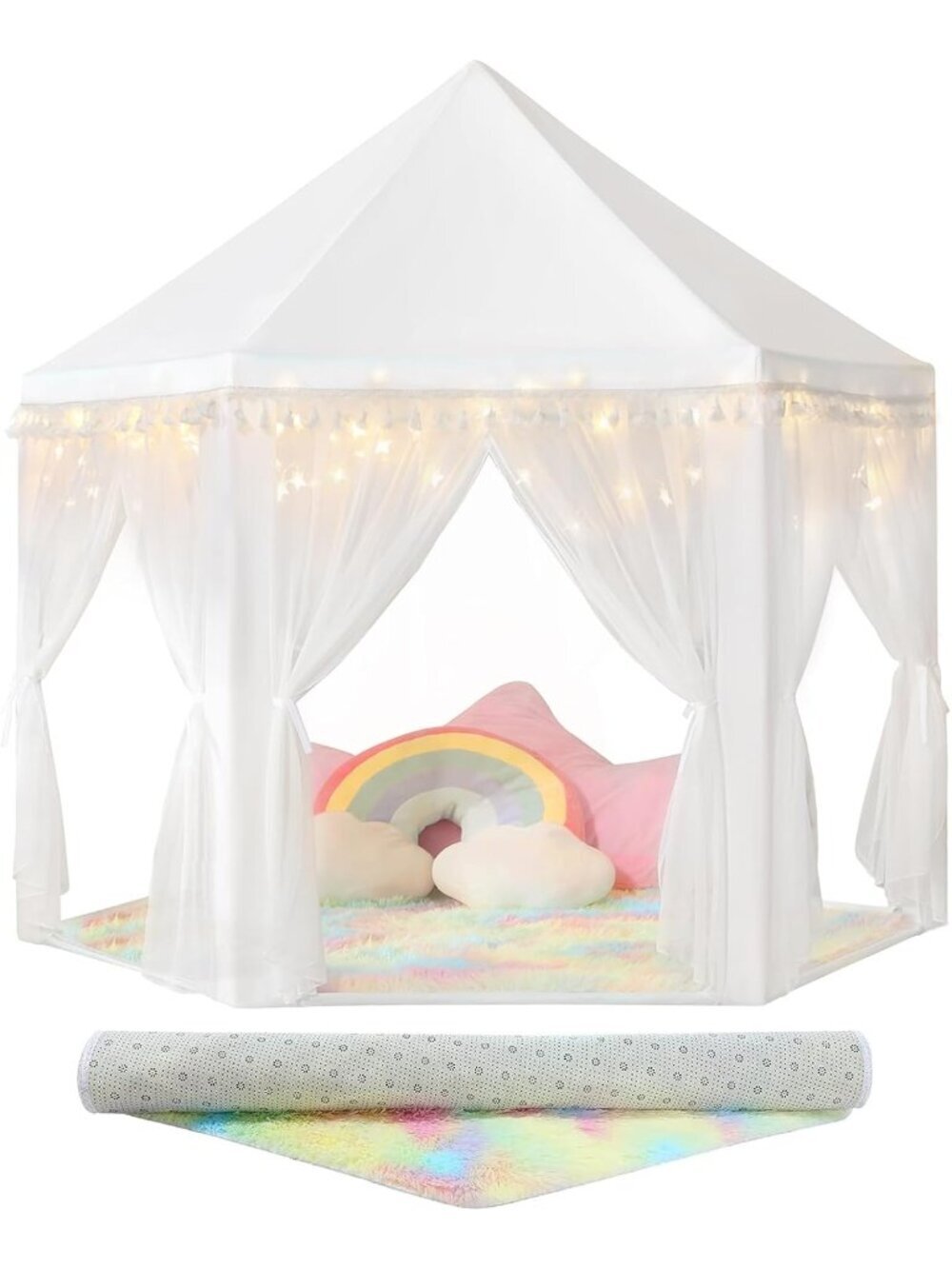 Kids White Castle Play Tent with Rug Star Lights Indoor and Outdoor Games